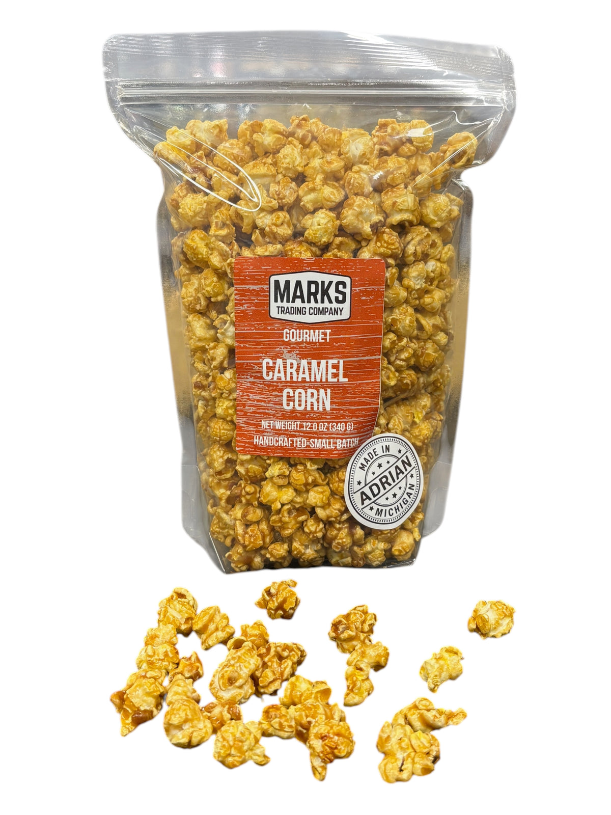 Marks Trading Company gourmet Caramel Corn bag, handcrafted in Adrian, Michigan
