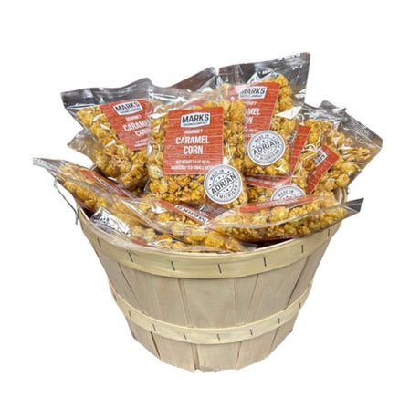 Team Huddle: a half bushel basket of Marks Trading Company popcorn snack bags