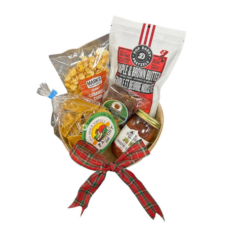 The Desk Drawer basket: caramel corn, maple pretzels, lime tortilla chips, a brownie and holiday salsa