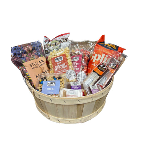 The Break Room basket: pretzels, chips, popcorn, trail mix, fudge and snack sticks