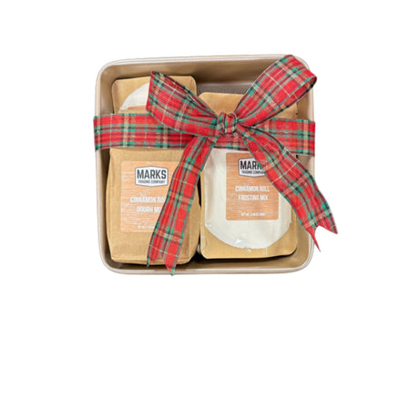 Cinnamon Roll Kit: dough mix and frosting mix in a baking pan with a plaid bow