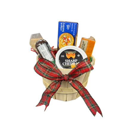 The Lunch Break basket: summer sausage, crackers, sharp cheddar and roasted garlic spreads