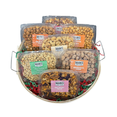 Totally Nuts basket: seven one-pound tubs of nuts and mixes in a bushel basket
