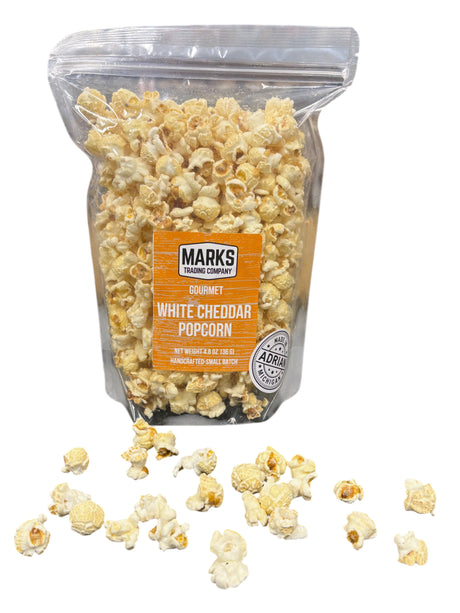 Marks Trading Company gourmet White Cheddar popcorn bag, handcrafted in Adrian, Michigan